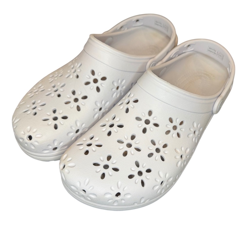 Crocs Baya Floral Cutout Clogs White Womens 11 Mens 9 Comfort Slip On Shoes